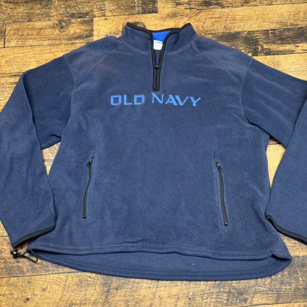Vtg Old Navy Fleece Pullover Sweatshirt Quarter Zip Pockets XXL Blue spellout‎